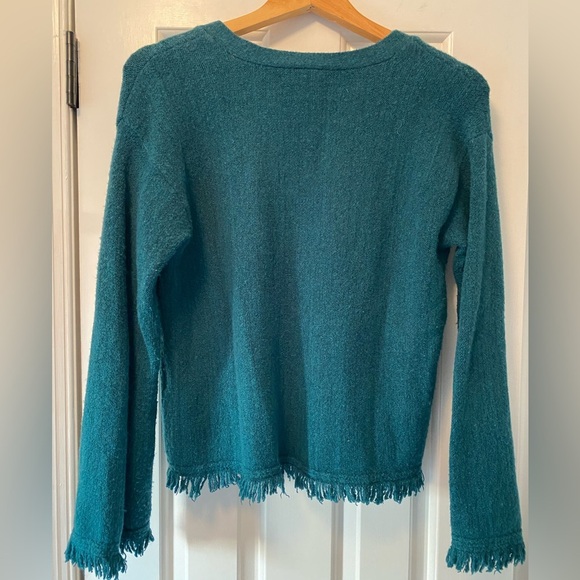 Anthropologie Teal Wool Blend Fringed Edge Sweater Size XS - Picture 5 of 8